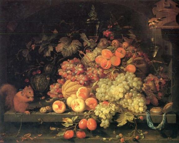 Fruit Still-Life with Squirrel and Goldfinch