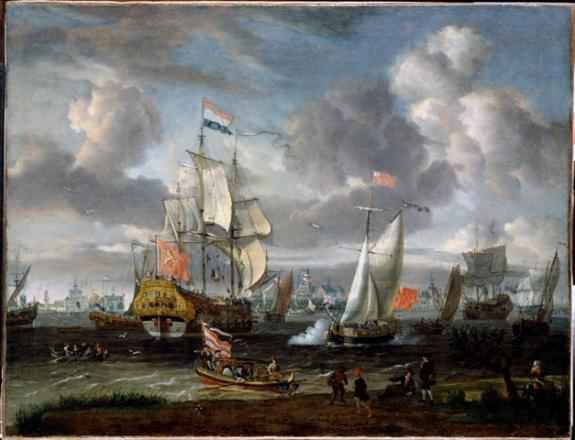 An English Yacht Saluting A Dutch Man Of War In The Port Of Rotterdam