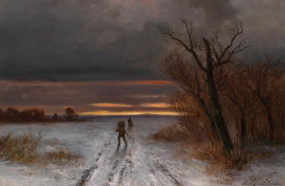 Winter Landscape With Man Collecting Wood In The Evening Light