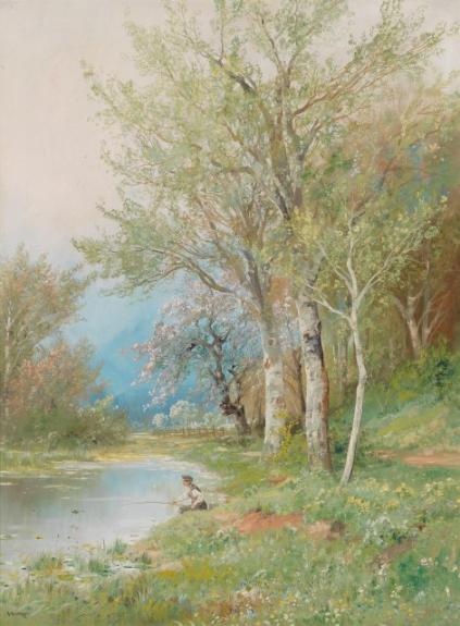 Fishermen At A Creek In A Springtime Landscape