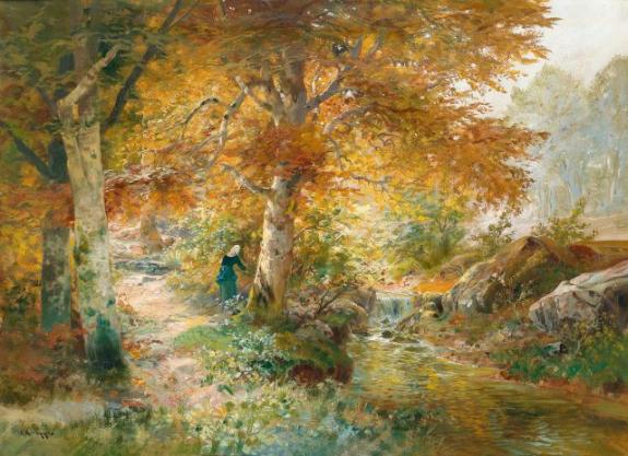 Woman Collecting Brushwood In A Beech Wood