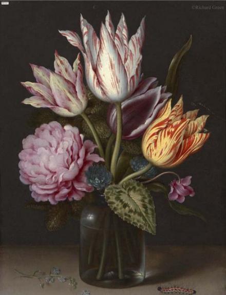 Bouquet Of Roses And Tulips In A Glass Vase