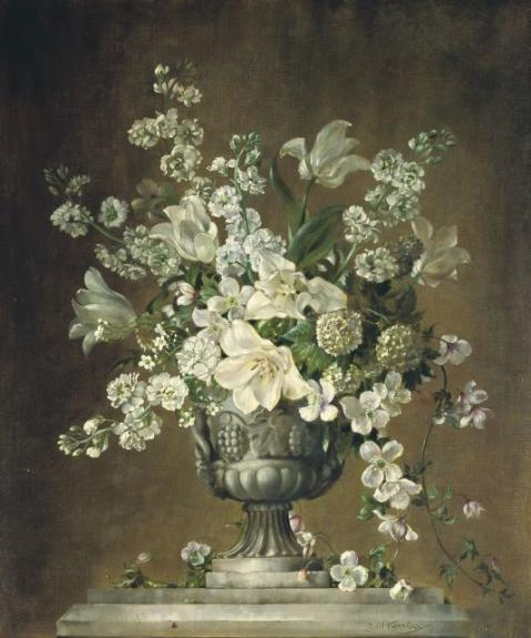 White Blossoms In A Silver Vase