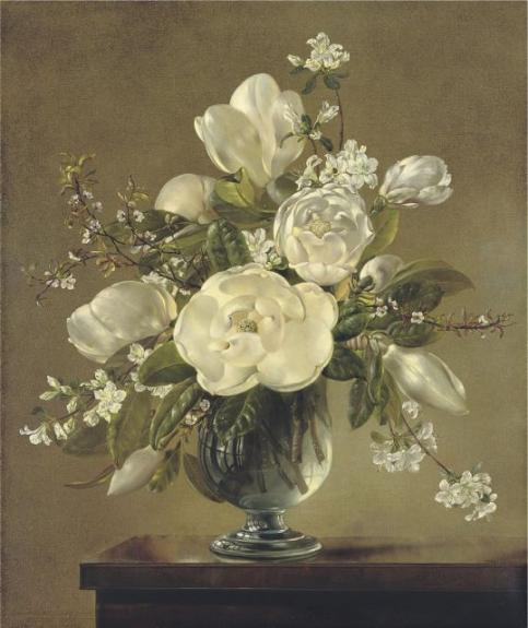 White Blossom And Magnolia In A Glass Vase