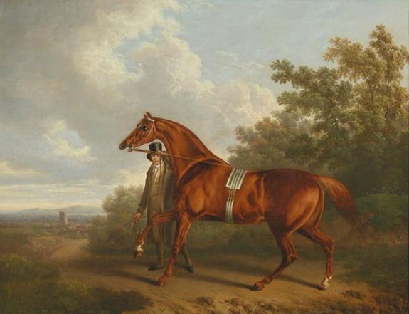 A Chestnut Hunter With His Groom In A Landscape