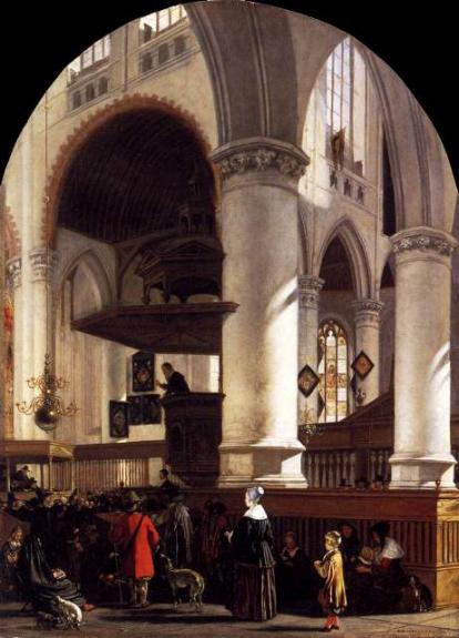 Interior Of The Oude Kerk At Delft During A Sermon