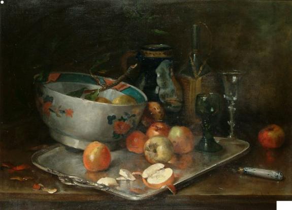 A Still Life Of Apples On A Silver Tray