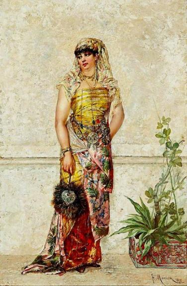 Female Oriental Custom (An Arab Girl holding a Sword, a Shield Behind her)