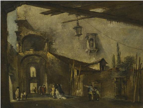 A Backstreet Scene With Elegant Figures Passing Through An Archway