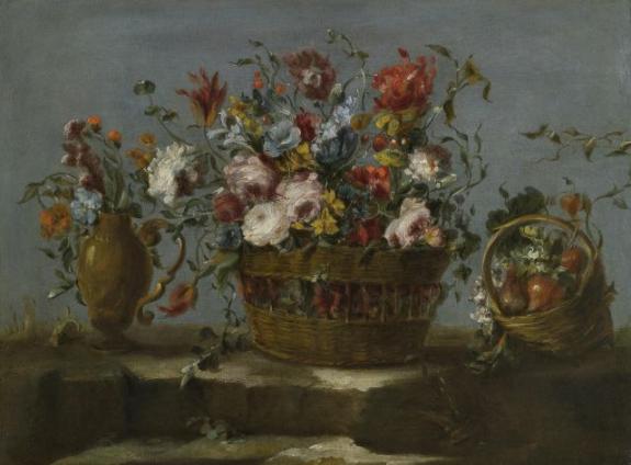 Still life of a basket of flowers on a Rock Ledge, with a vase of flowers and a basket filled with fruit and vegetables