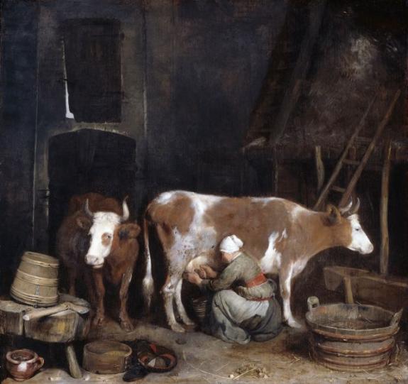 A Maid Milking A Cow In A Barn. Circa 1652