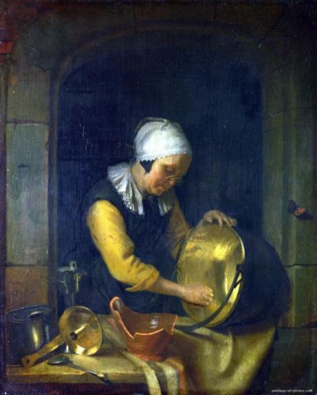 An Old Woman Scouring A Pot