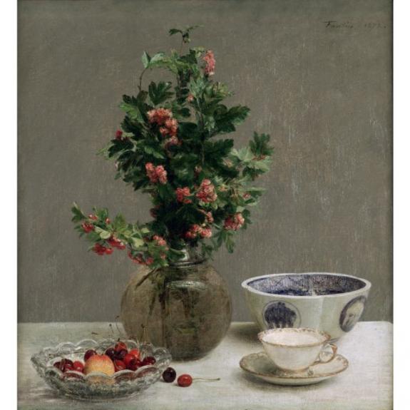 Still Life With Vase Of Hawthorn, Bowl of Cherries, Japanese Bowl, Cup and Saucer