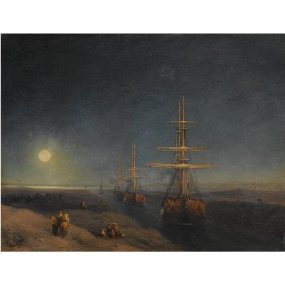 Ships Passing Through A Canal In Moonlight