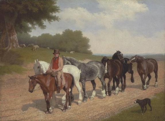 A Groom With A String Of Carthorses And A Dog on a Country Road