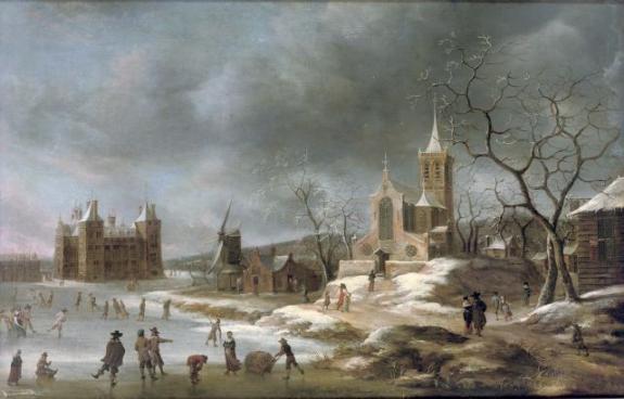 A Winter Landscape With Activities On The Ice Near Castle Buren