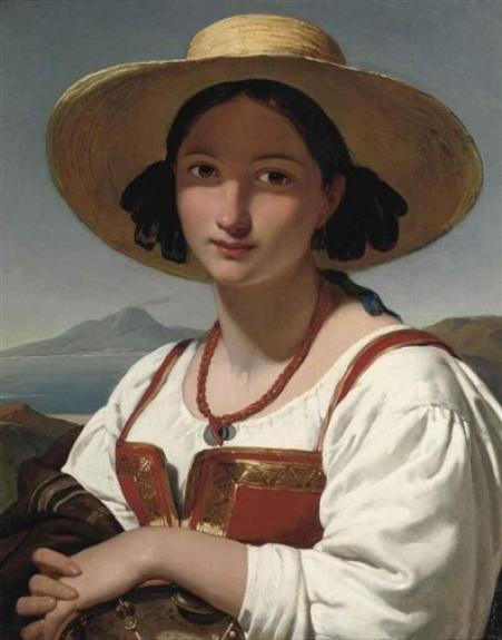 Portrait of a Neapolitan girl, with the Vesuvius in the distance