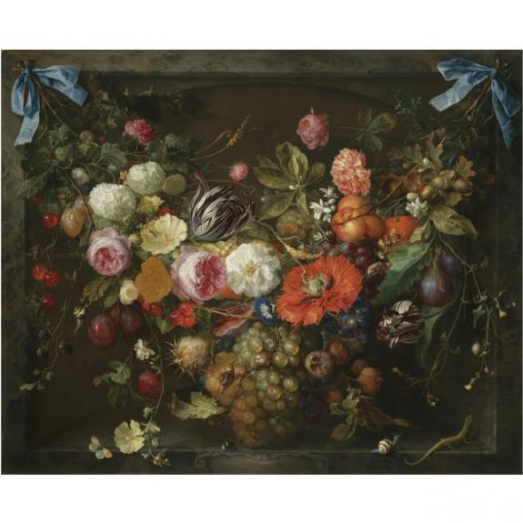 A Festoon Of Fruit And Flowers In A Marble Niche