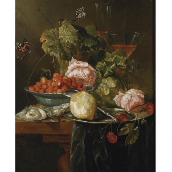 Still Life Of Strawberries, Oysters And A Peeled Lemon