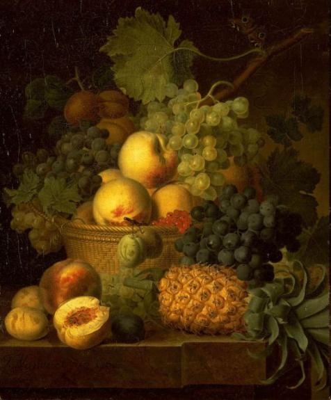 Apples, grapes, apricots and berries in a basket, with a pineapple, grapes and other fruit on a marble ledge