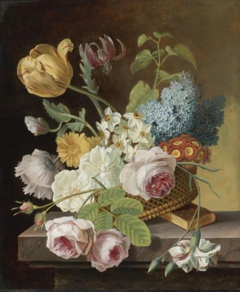 Flower Still Life With Roses, Tulips, Narcissi, And Other Flowers In A Basket On A Ledge