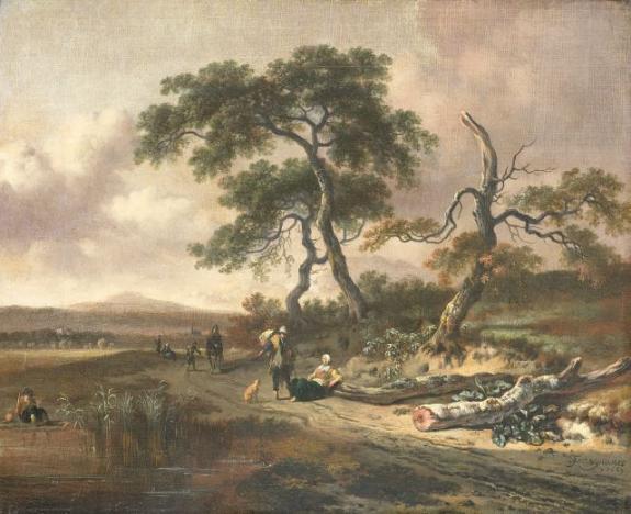 Landschap Met Marskramer En Rustende Vrouw