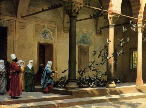 Harem Women Feeding Pigeons In A Courtyard