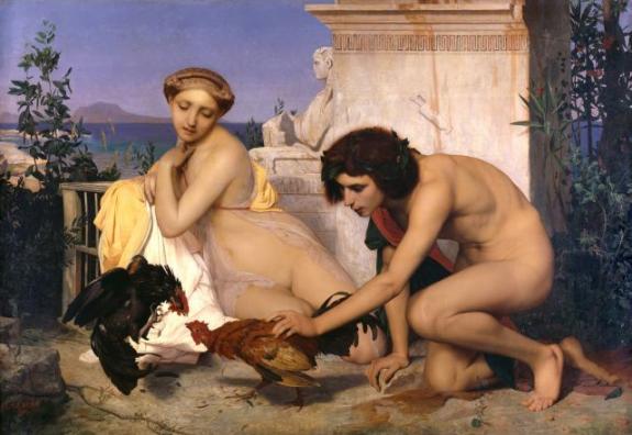 Young Greeks Attending A Cock Fight.