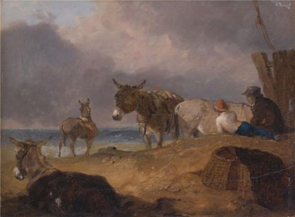 Donkeys And Figures On A Beach