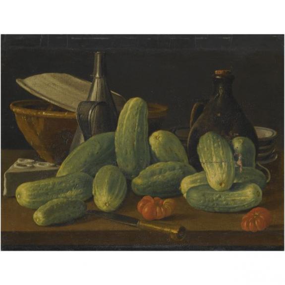 Still Life With Cucumbers And Tomatoes Together With A Knife And Other Kitchen Utensils Upon A Wooden Table