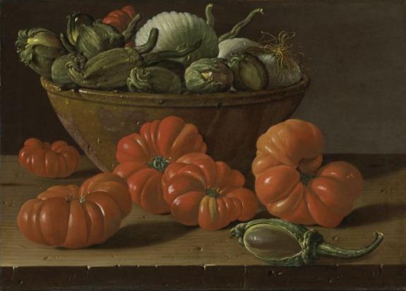 Still Life With Tomatoes, A Bowl Of Aubergines And Onions