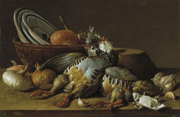 Still life with grey partridges, onions, garlic and kitchenware