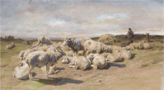 A Shepherd Resting With His Flock