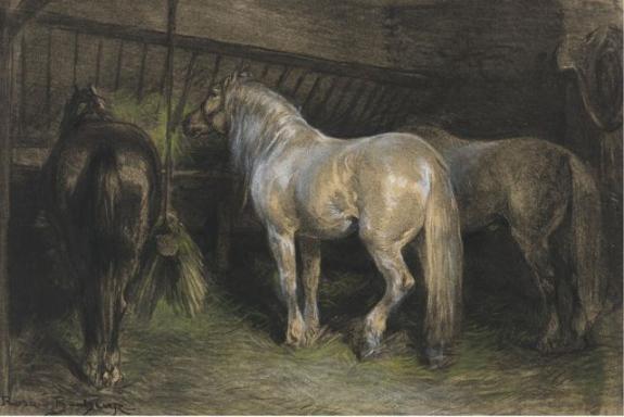 Horses Eating Hay In A Stable