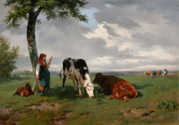 Shepherdess And Two Cows In A Meadow