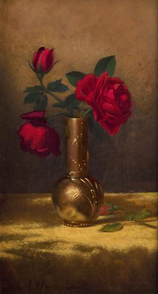 Red Roses In A Japanese Vase On A Gold Velvet Cloth