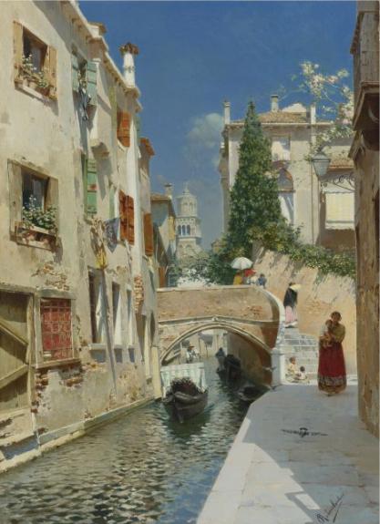 Venetian Canal With The Campanile Of The Frari In The Distance