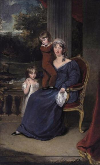 Lady Louisa Harvey, full-length, and her children Edward and Louisa, on a balcony