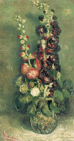 Vase with hollyhocks